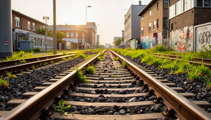 Fototapeta premium Rusty train tracks with weeds in urban industrial area, quiet resilience