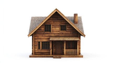 Wooden log cabin house isolated on white background. Possible use Stock photo for real estate, architecture, or design