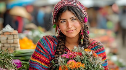 Andean girl selling flowers at market