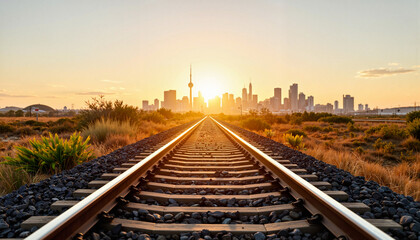 Obraz premium Sunset over train tracks with city skyline, cultural journey