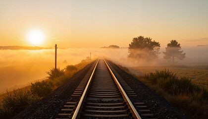 Obraz premium Morning fog lifting over train tracks at dawn, awakening serenity