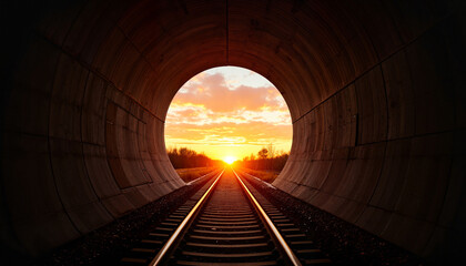 Sunset beyond tunnel entrance framing train tracks, journey symbolized
