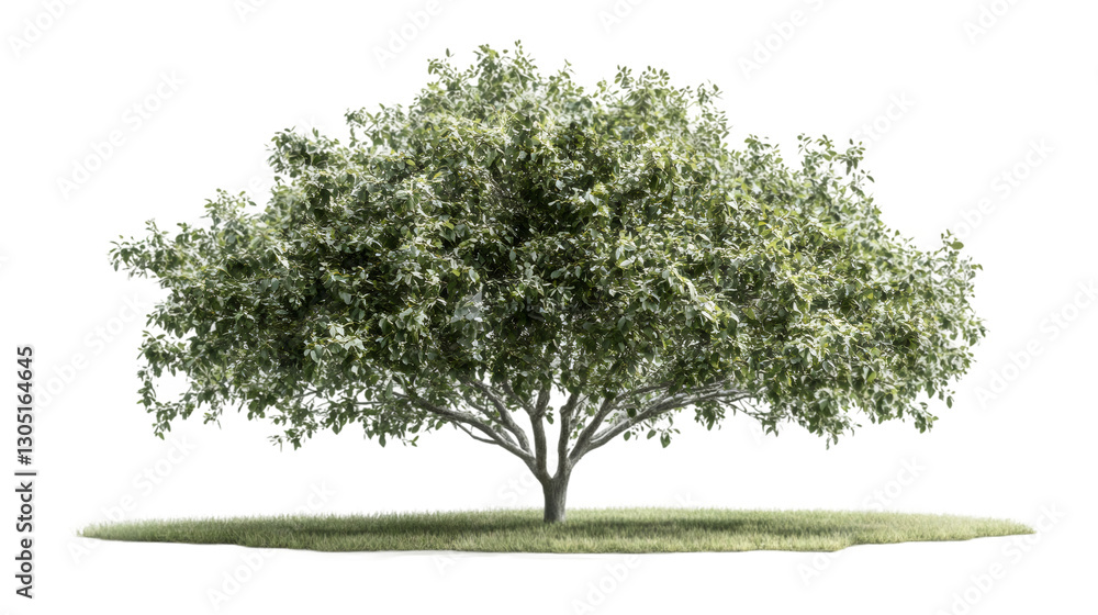Poster photorealistic 3d green tree rendering standing on grassy surface, transparent backdrop supporting g