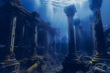 lost civilization of atlantis sunken ancient greek city deep in the ocean / underwater 