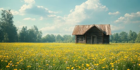 Rustic wooden house surrounded by vibrant wildflowers in a serene countryside setting during a sunny day