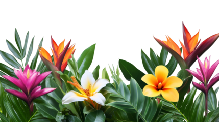 Tropical flowers and verdant foliage creating elegant border design against transparent backdrop, highlighting botanical beauty