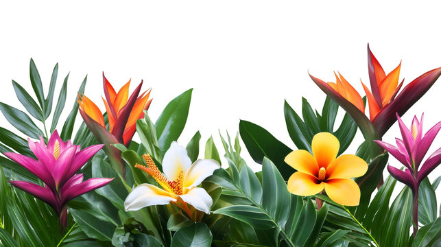 Tropical flowers and verdant foliage creating elegant border design against transparent backdrop, highlighting botanical beauty