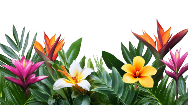 Tropical flowers and verdant foliage creating elegant border design against transparent backdrop, highlighting botanical beauty