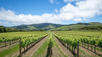 Fototapeta premium Vineyard Rows Stretch to Hills Under Clear Sky