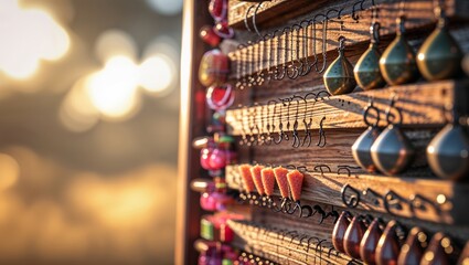 Naklejka premium Display of colorful handmade jewelry at an outdoor market during golden hour