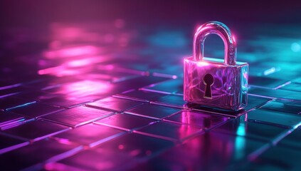 Colorful glass padlock on reflective surface with neon lights creating a secure and modern atmosphere in a digital age of safety and privacy