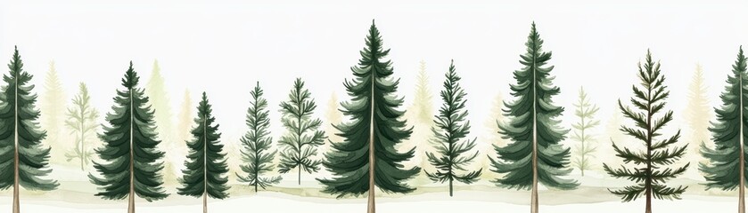 Fototapeta premium Tranquil evergreen forest layers fading into soft foggy tones perfect for environmental, hiking, or camping-related visuals