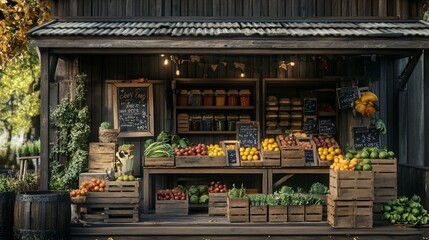 Rustic Wooden Farm Stand Overflowing with Fresh Produce
