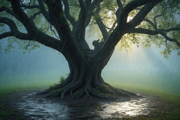 Fototapeta premium A Large Tree Sitting in the Middle of a Puddle of Water - Generative AI