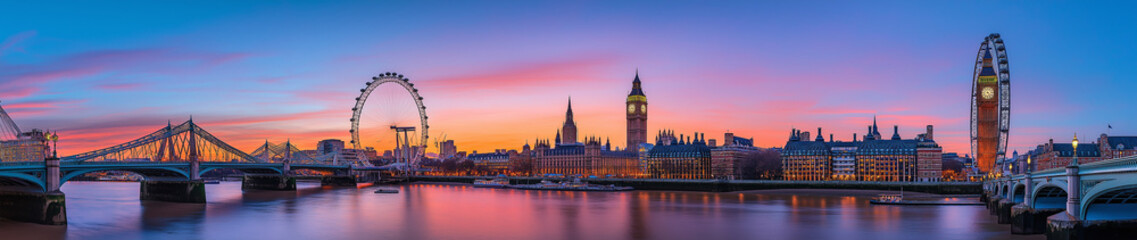 London skyline at sunset, showcasing iconic landmarks and bridges.