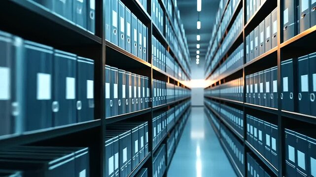 A bright and detailed shot of archive folders with alphabetical tabs, standing in precise rows on sleek black shelves, symbolizing efficient data cataloging.