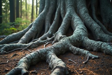 Obraz premium A Close up of the Roots of a Tree in a Forest - Generative AI