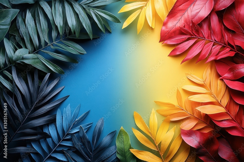 Poster colorful foliage frame: a vibrant frame composed of vividly colored tropical leaves encircles a grad