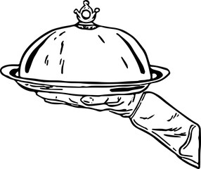 Hotel service. Hand drawn vector isolated sketch. Waiter’s hand with menu tray.