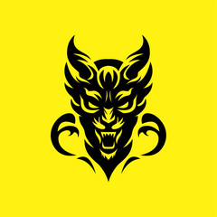 Fierce Demon Beast Face Silhouette with Sharp Tribal Design on Yellow Background – Vector Illustration