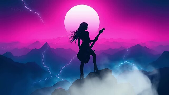 Silhouette of a female guitarist playing on a mountaintop under a vibrant pink and purple sky with lightning and a large moon . seamless looping time lapse animation video background, anime  lofi art