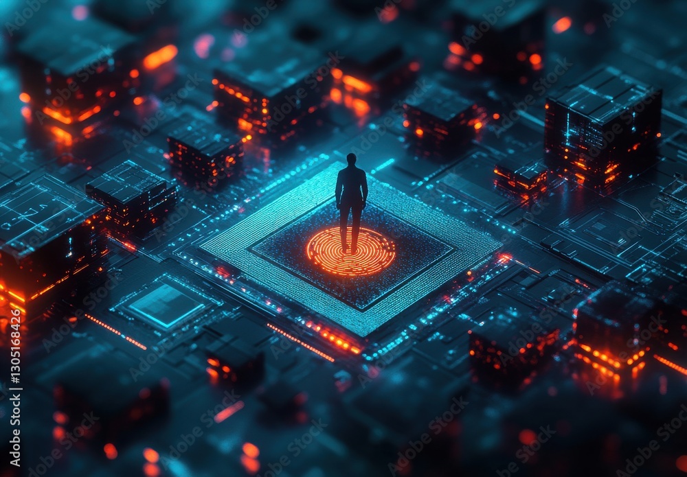 Aufkleber conceptual representation of a human figure standing on a glowing microchip surrounded by digital ci