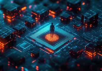 Conceptual representation of a human figure standing on a glowing microchip surrounded by digital circuits in a futuristic technology environment