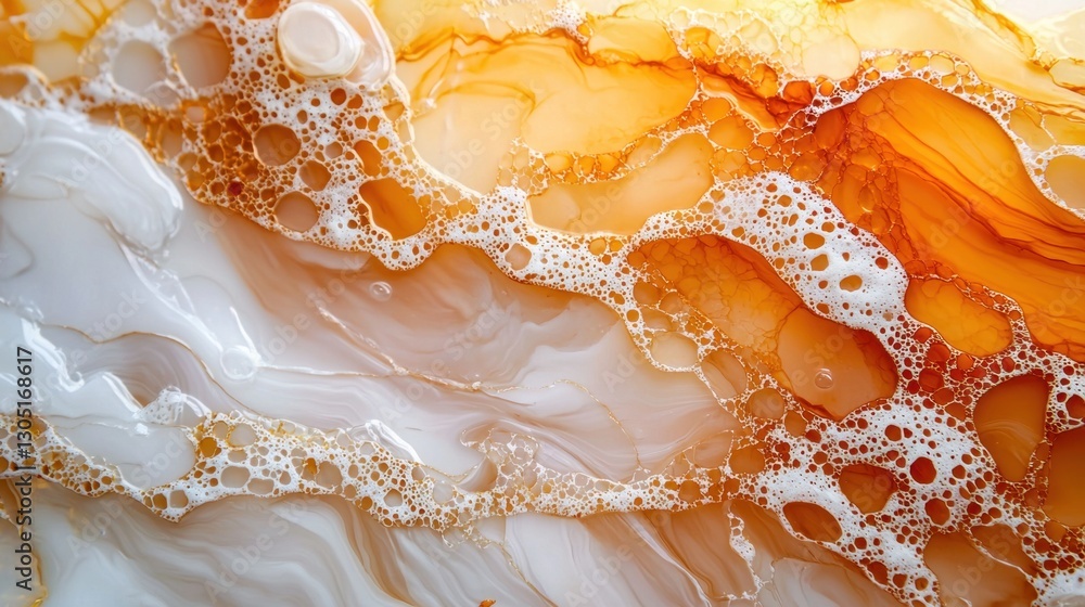 Poster intricate patterns emerge from a mix of warm orange and soft white hues, highlighted by bubbles that