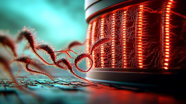 Abstract representation of digital microorganisms interacting with a glowing computer interface