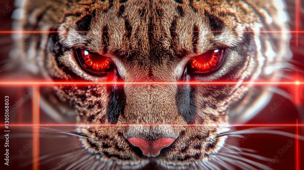 Poster close up of a wildcat with glowing red eyes, set against a dark red background with a grid like over