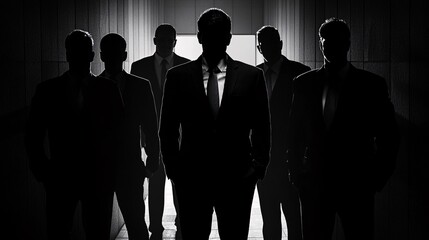 Shadowy businessmen in dark silhouette, mysterious corporate power