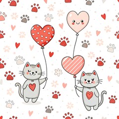 Adorable grey kittens holding heart balloons cute valentine pattern cat red paw pet cats love pink