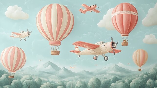Fototapeta Airplanes & Hot Air Balloons Over Mountains