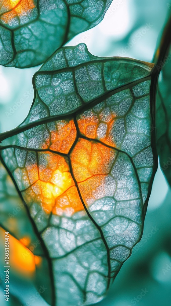Poster close up of translucent leaves with intricate veins, illuminated by warm light, creating a delicate 