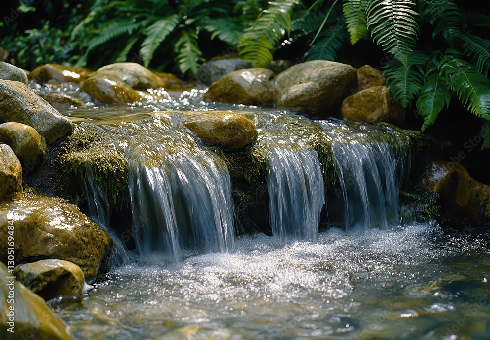 Poster tranquil stream cascading over rocks surrounded by lush greenery in a peaceful forest setting