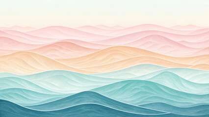 Gentle abstract waves in pastel hues blend seamlessly, forming a soft gradient with a calming and serene effect.