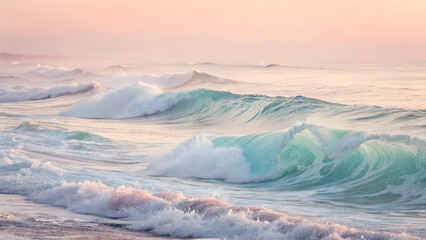 Gentle abstract waves in pastel hues blend seamlessly, forming a soft gradient with a calming and serene effect.