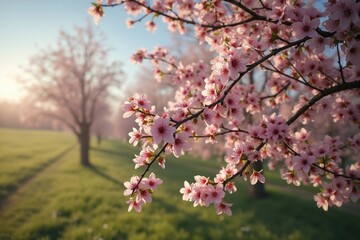Obraz premium A Tree With Pink Flowers in the Middle of a Grassy Field - Generative AI