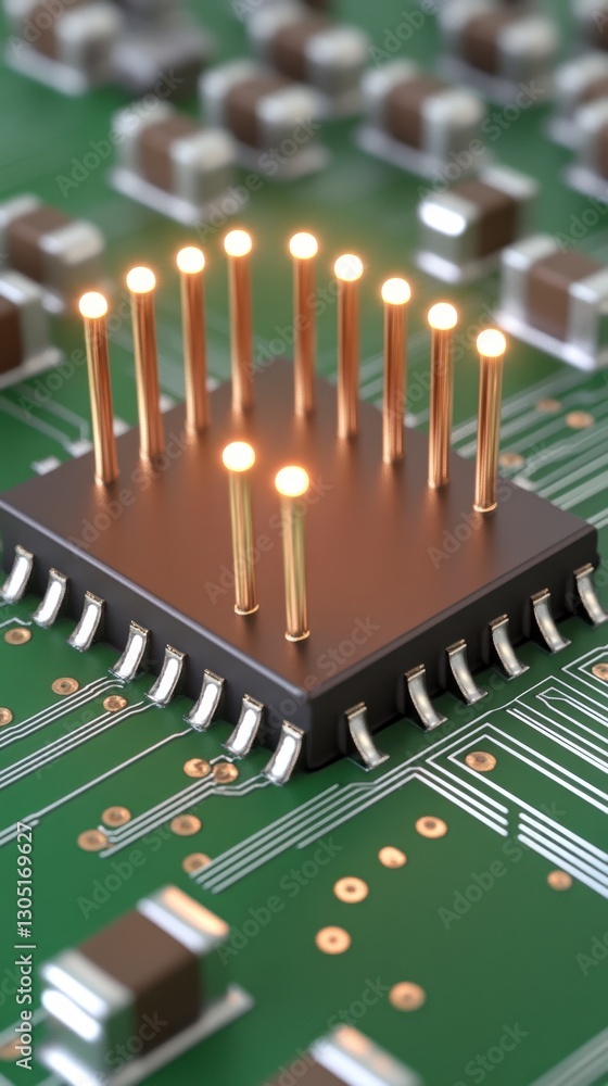 Poster close up view of a microchip with illuminated pins on a green circuit board. the image features warm