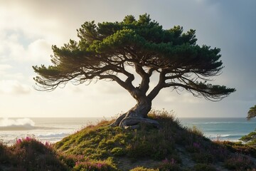 A Lone Tree on Top of a Hill Overlooking the Ocean - Generative AI