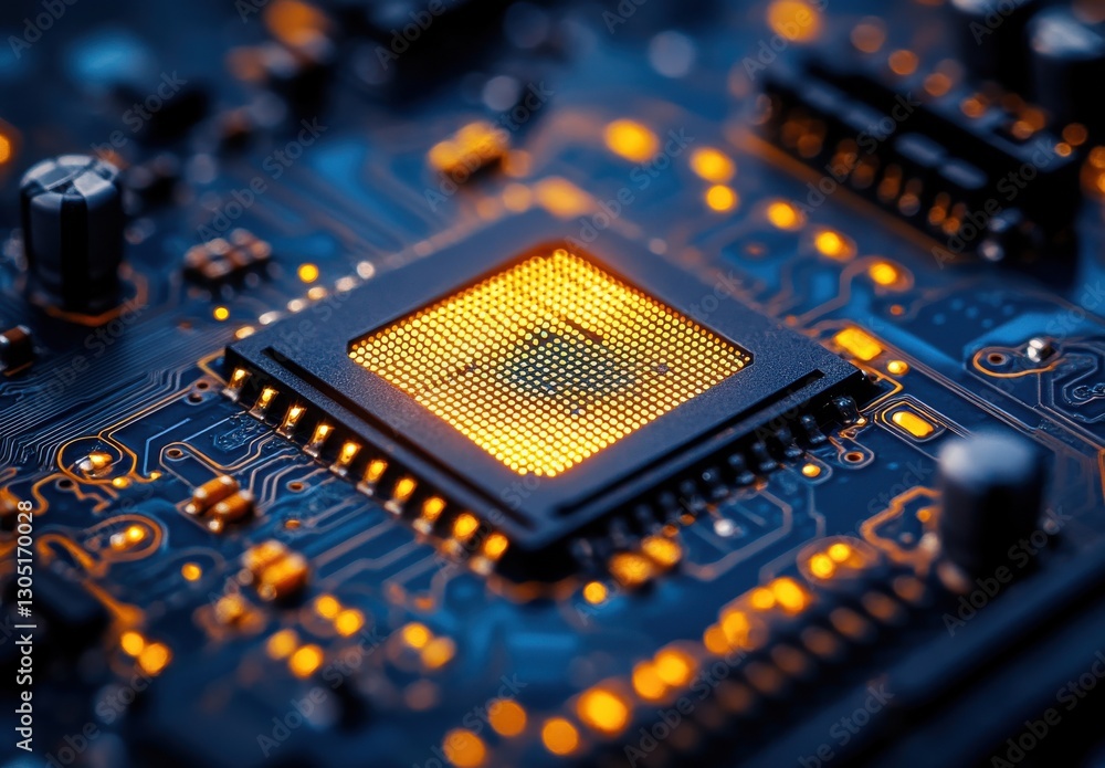 Poster detailed close-up of a microprocessor on a circuit board with orange and blue lighting for technolog