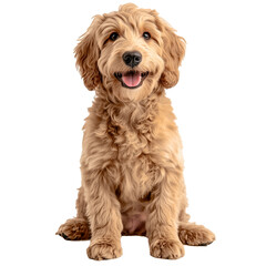 Golden Doodle Puppy Portrait on transparent backgrpund: A charming portrait of a golden doodle puppy with a happy expression, capturing its fluffy, curly fur and endearing eyes