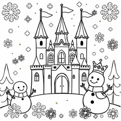 Whimsical Winter Castle Coloring Page with Snowmen Snowflakes Fairytale Towers Black and White Outline