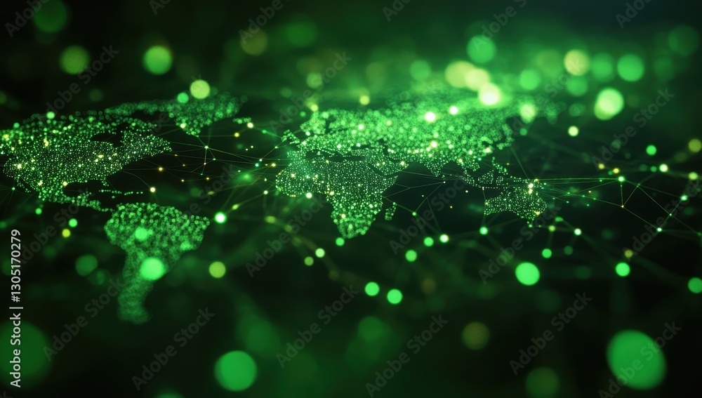 Poster detailed illustration of a green world map with network connections and bright dots representing dat