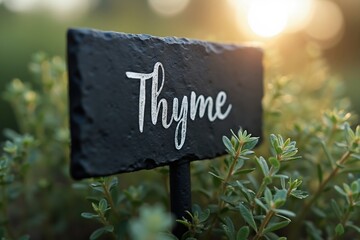 A Close up of a Sign With the Word Thyme on It - Generative AI