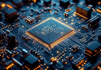 Detailed Close-Up View of Integrated Circuit Chip on Circuit Board with Illuminated Connections and Modern Technology Aesthetics