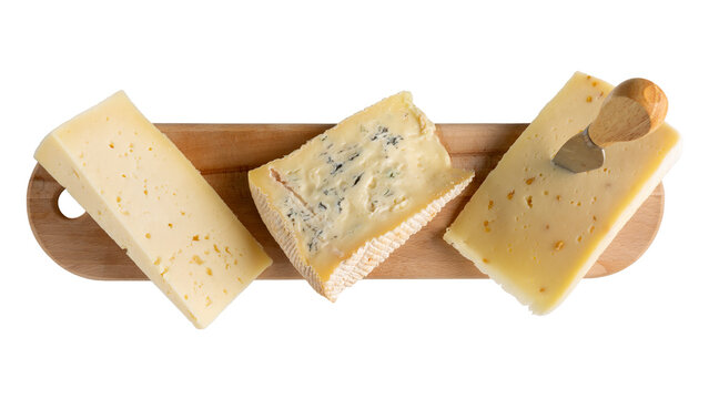 Cheese plate isolated on white background. Italian cheeses - caciotta with fenugreek, blue cheese and asiago on wooden board. Cheese platter. Top view.