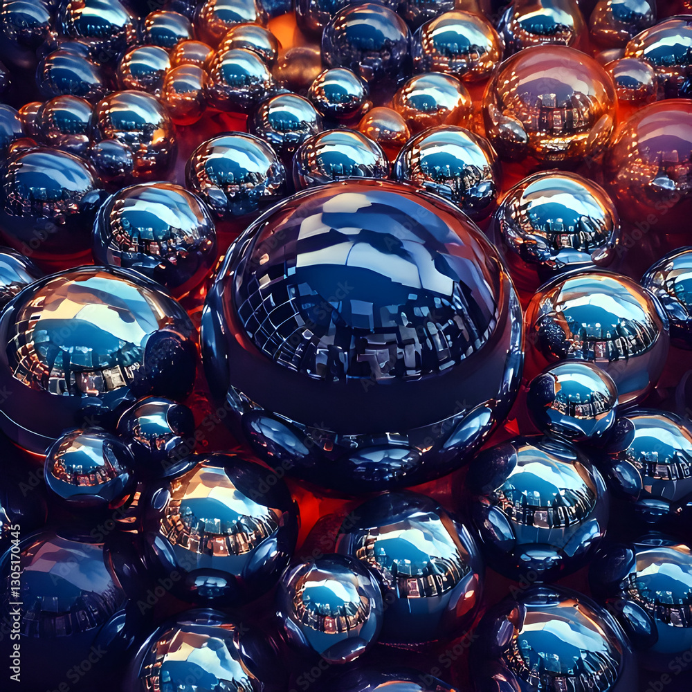 Poster a multitude of reflective spheres cluster together, creating a mesmerizing play of light and shadow 