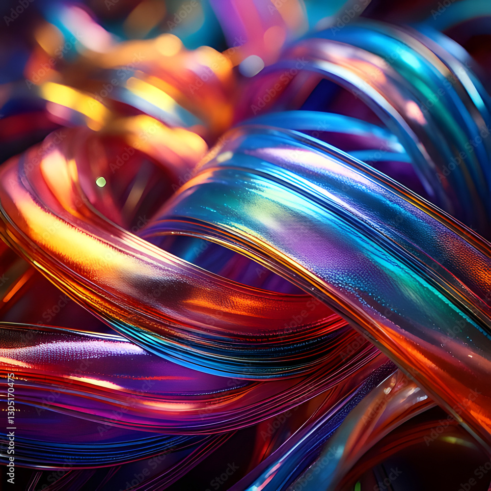 Poster ribbons of vibrant colors intertwine and gleam against a dark backdrop, creating a mesmerizing play 
