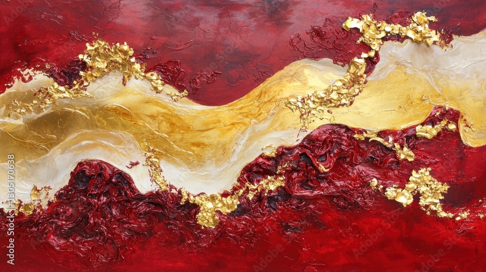 Aufkleber an abstract artwork features vibrant red hues combined with rich gold and creamy textures. the flowi